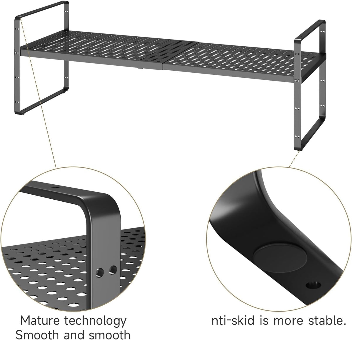 Hole Pattern Expandable Shelf Organizer,1Pack 10.2" Wide Easy to Assemble Cabinet Organizer Shelf, 16.5~27.1" Adjustable Height&Stackable Spice Organization for Cupboard, Black