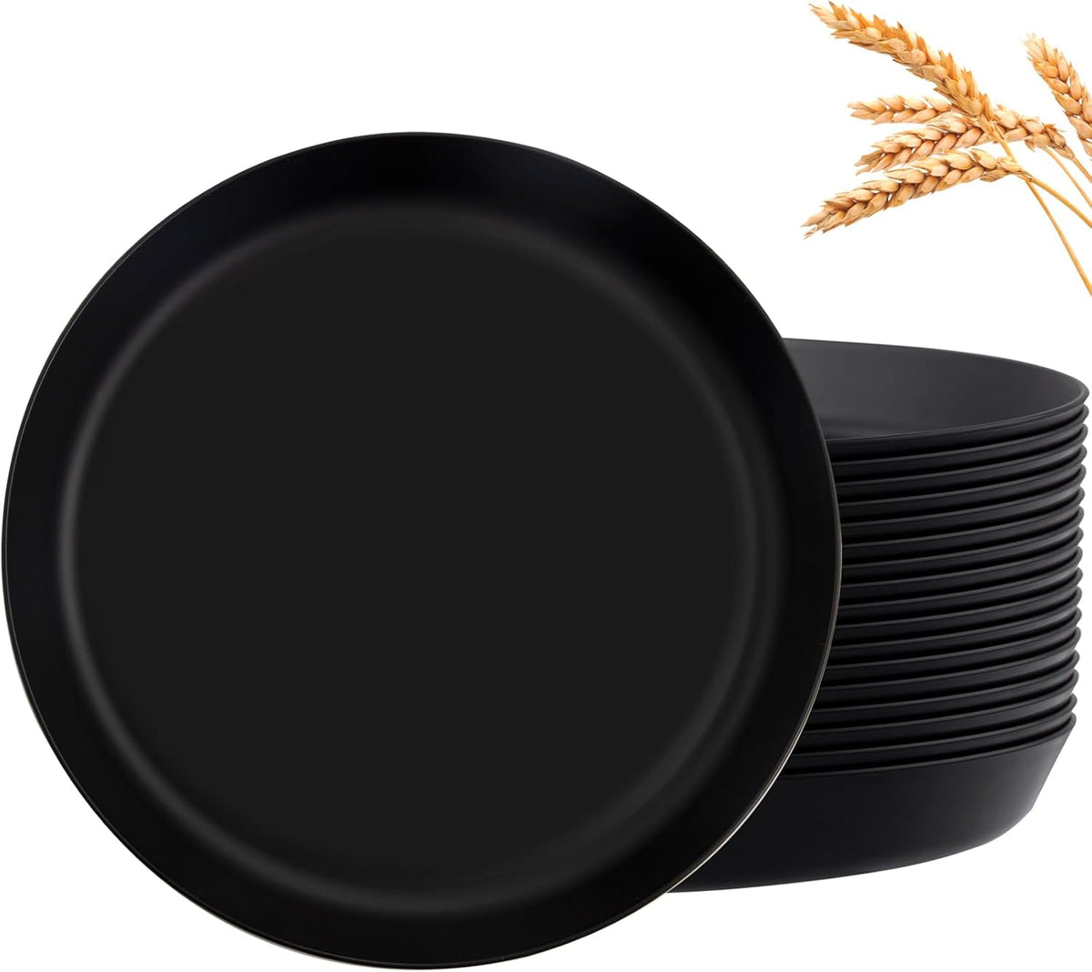 EI 18pcs Black Wheat Straw Plates,Heavy Duty Reuasble Unbreakable Plastic Plates with Lip Edge,Melamine Plates for Kitchen,Camping,Picnic,Halloween