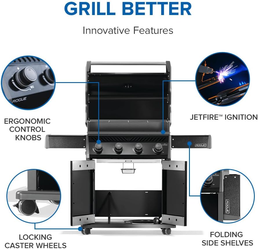 Napoleon Rogue 525 Natural Gas Grill, Black, Durable 4-Burner Cooking Surface