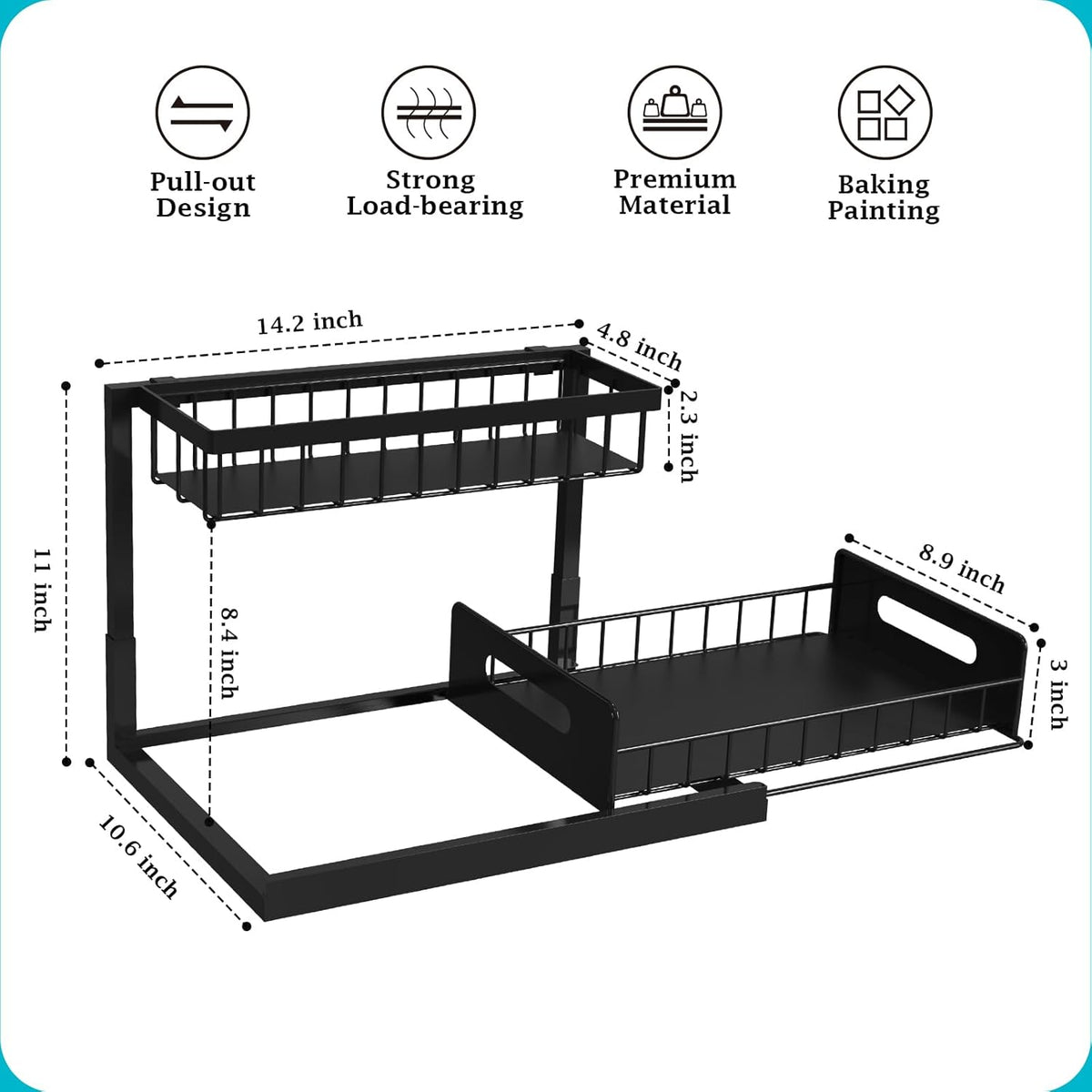 REALINN Under Sink Organizer, Pull Out Cabinet Organizer Slide Out Sink Shelf Cabinet Storage Shelves, Storages for Kitchen Bathroom, Black, 2 Pack