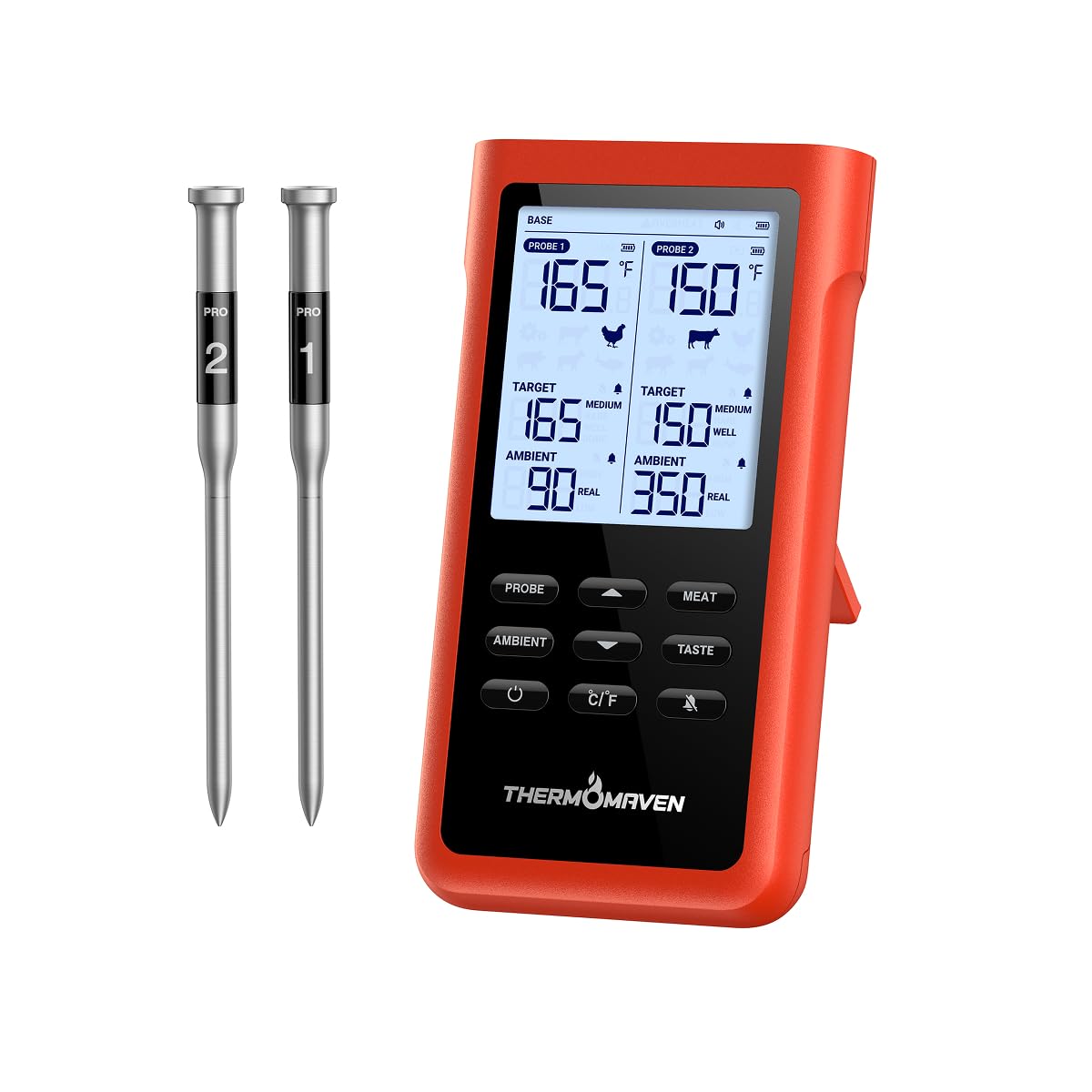 ThermoMaven 3000FT Smart Wireless Meat Thermometer, Sub-1G Long Range, 6 Sensors NIST Certified Accuracy, 2 Thin Probes, Standalone Base with Large LCD for Grill, Smoker, Oven, BBQ