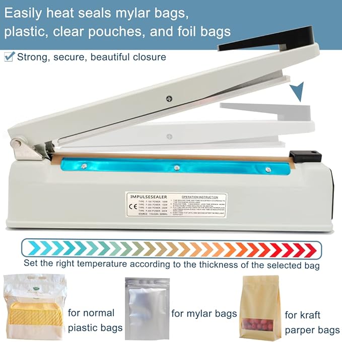 Impulse Sealer 12 inch Mylar Bag Heat Sealer, Heat Sealer for Plastic Bags, Metal Iron Shell, Impulse Sealer 3mm Sealing, Manual Hot Seal Machine with 8 Repair Kits(Included 2 Cutter Lines)