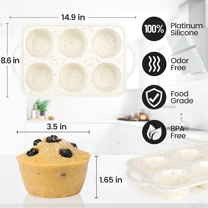 Jumbo Muffin Pan, Metal Reinforced Frame 3.5 inch Large Silicone Cupcake Pan 6 cups Large Muffin Pan with Handle Nonstick Jumbo Muffin Tin for Baking Giant Homemade Muffins, Cupcakes, Frittatas