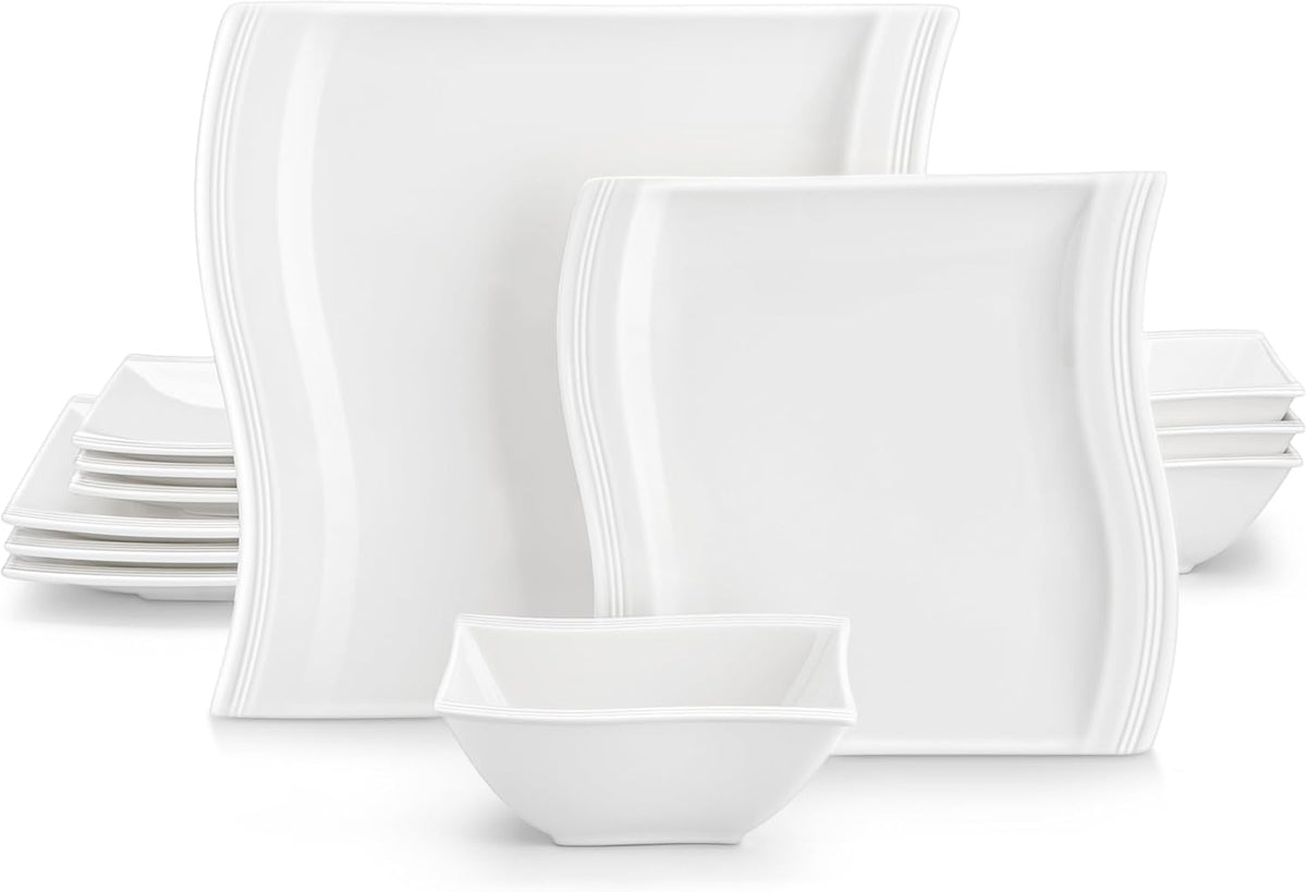 MALACASA Ivory White Dinnerware Set, 12 Pieces - Porcelain Dinner Plates, Dessert Plates and Bowls, Square Flora Pattern