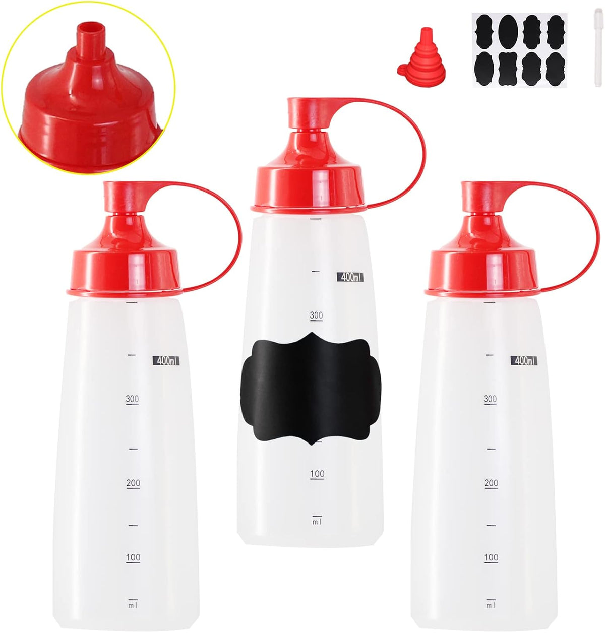 3 Pack 400ml/14 oz Wide Mouth Condiment Squeeze Bottles for Thick Sauce, Plastic Sauce Bottles with Cap Lids - Perfect for Condiments, Honey, Catsup, Icing, Salad