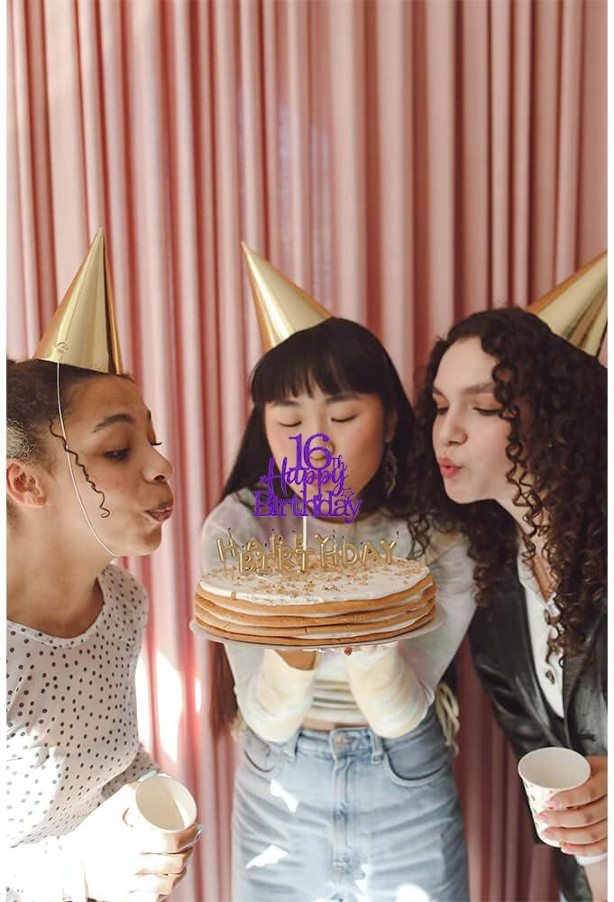Glittery 16th Happy Birthday Cake Topper with Star,Personalised 16 Birthday Cake Toppers Party Decorations Party Supplies for Boys Girls Purple Silver