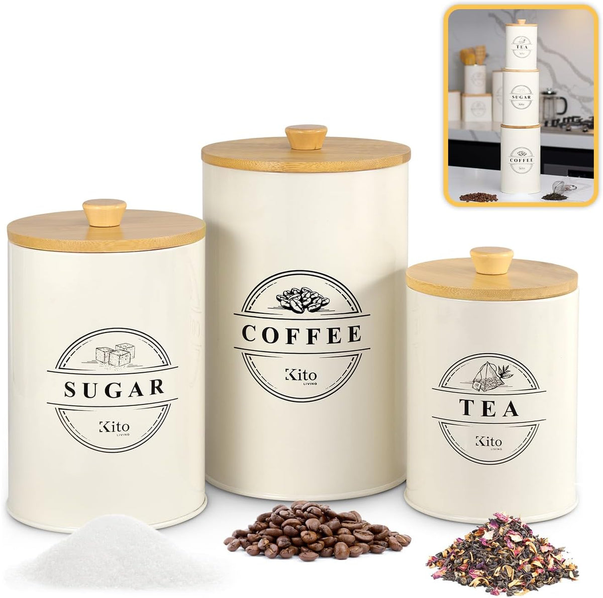 Canisters Sets for Kitchen Counter Storage and Organization with Wooden Bamboo Lids, Food Pantry Containers, Stackable Steel Storage Bins, Airtight Sugar Tea Coffee Canisters - Cream
