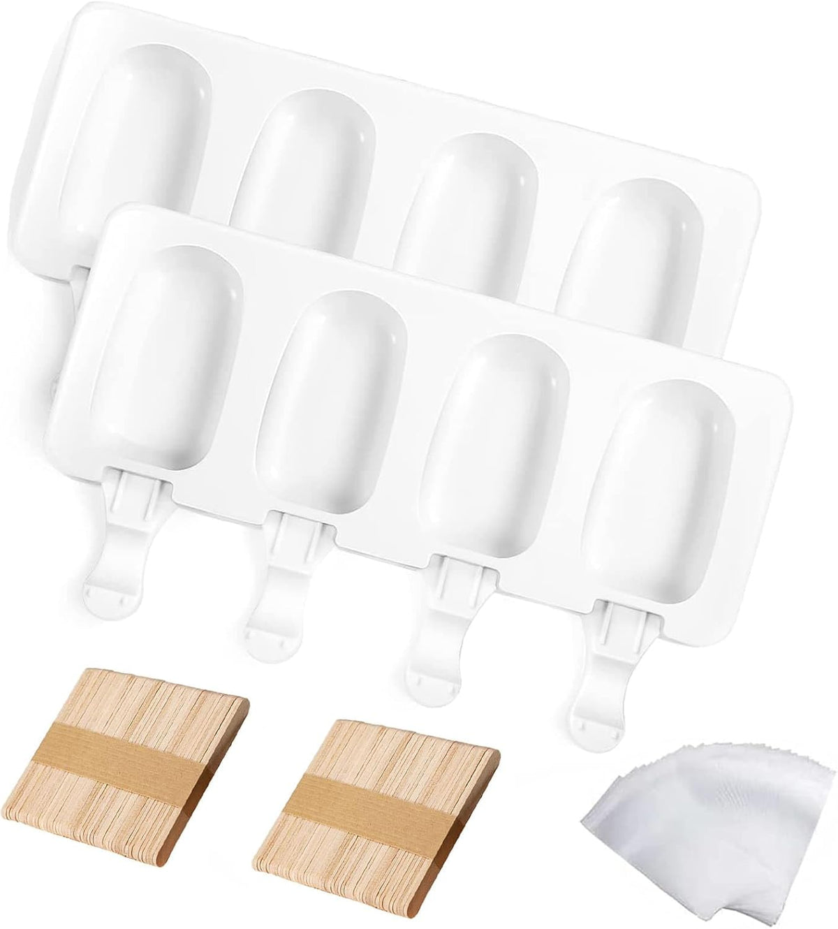 2 Small Mini Popsicles Molds, Cakesicle Molds Silicone Cake Pop Mold 4 Cavities With 100 Wooden Sticks & 100 Parcel Bags DIY Ice Cream Mold