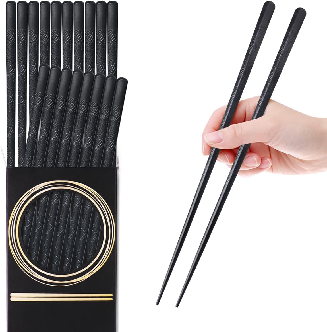 GLAMFIELDS 10-Pairs Fiberglass Chopsticks - sushi Reusable Chop sticks for food, Dishwasher Safe, 9.5 Inches - Black Flower