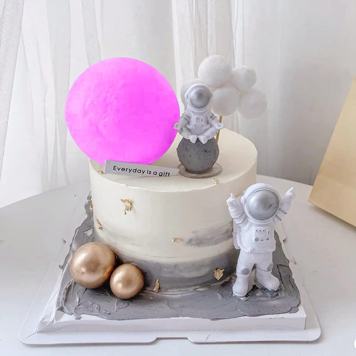 Cake Topper for Kids Astronaut Space Birthday Cake Decoration, 3D Soft Light Moon Outer Space Cake Topper for Party Supply, LED Moon Planet Birthday Cake Decoration (Pink)