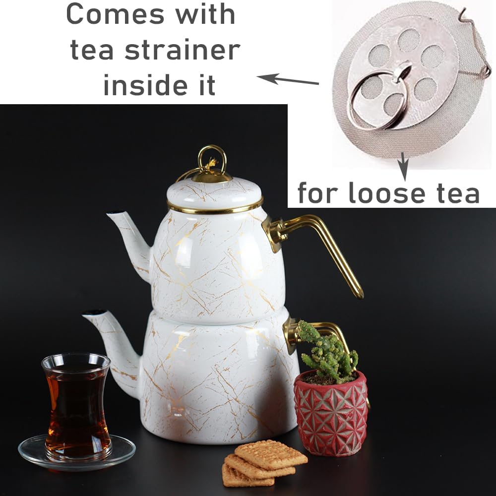 Vintage Turkish Teapot Tea Pots Kettle Set for Stovetop Stove Top Decorative Infuser Party Cups Glasses Floral Unique Boiler Samovar Strainer Loose Leaf Kitchen Style Enamel Decor (White-Gold)