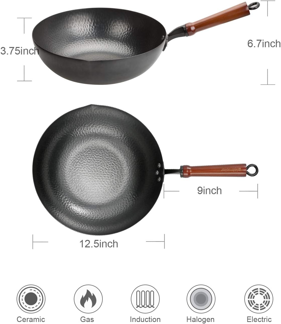 Wok Pan 12.5", Stir Fry Pan with Lid, Gloves & Cookware Accessories, Carbon Steel, Suitable for All Stoves (Flat Bottom)