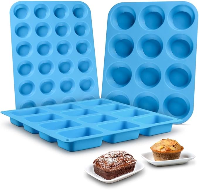 CAKETIME Silicone Muffin Pan - Cupcake Pan, Mini Loaf Pan Silicone Baking Molds Food Grade 3-Pack