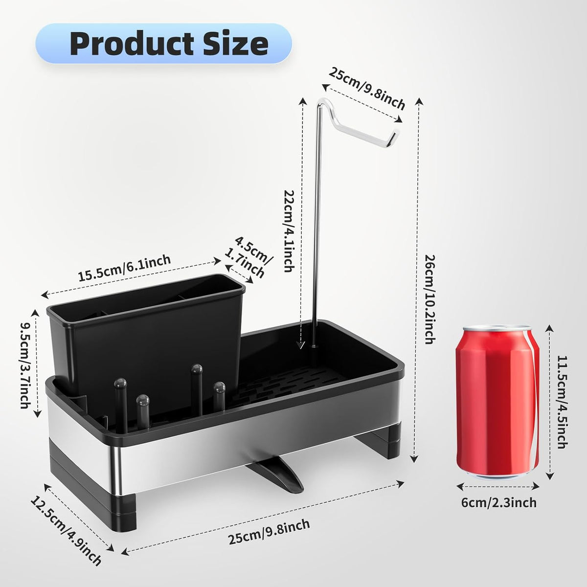 Stainless Steel Sink Caddy, Sponge Holder for Kitchen Sink with Brush Holder & Dishcloth Rack, Rustproof Sink Organizer Countertop, Kitchen Organizers Storage Essentials (D-Black)