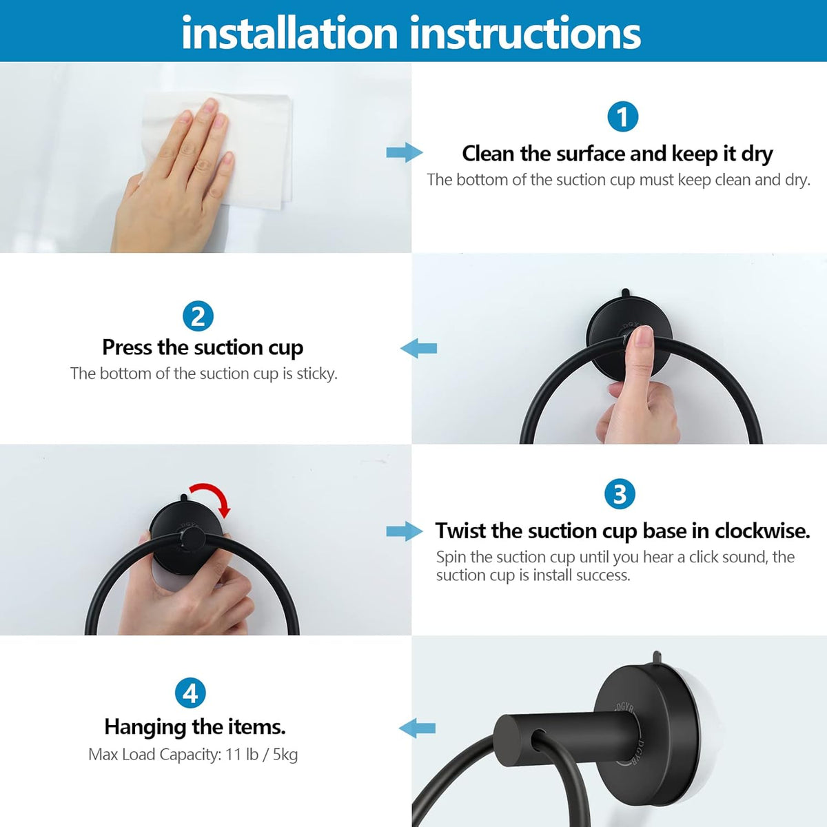 DGYB Suction Cup Hand Towel Ring Black Hand Towel Holder for Bathroom Wall SUS 304 Stainless Steel Kitchen Towel Hanger