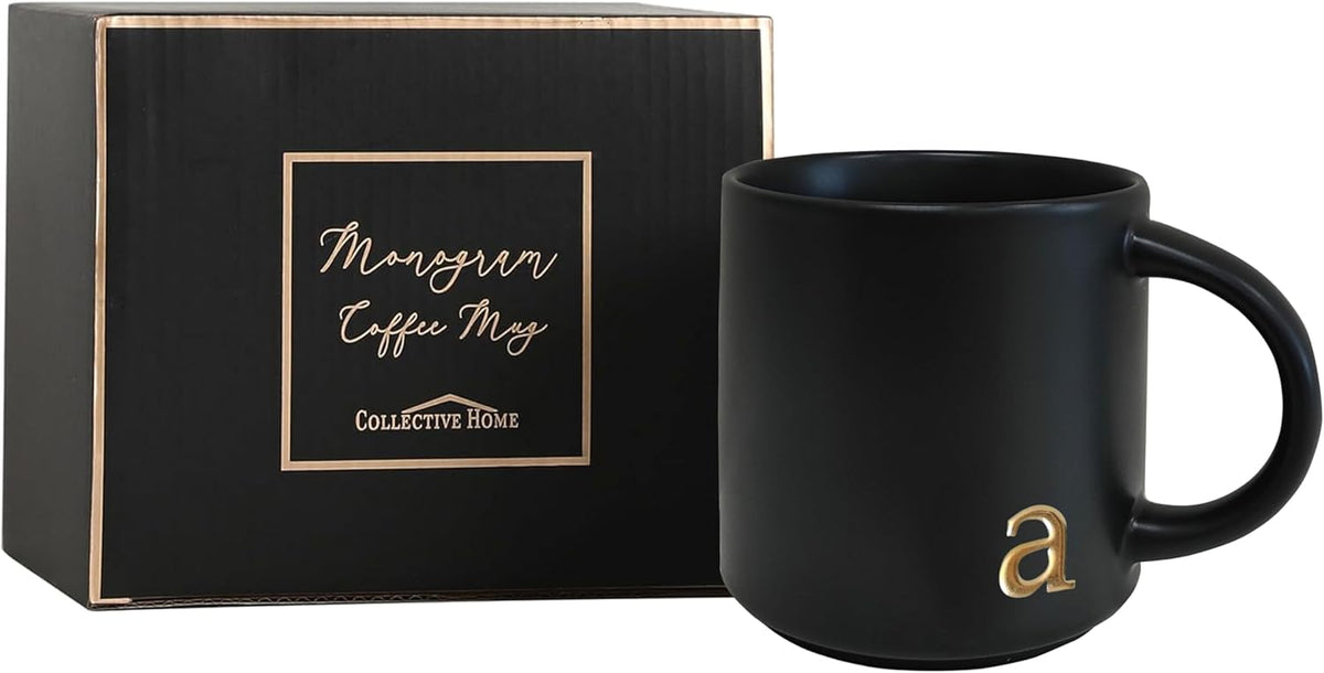 COLLECTIVE HOME - Black Monogram Ceramic Mugs, 15 oz Golden Initial Coffee Cups, Elegant Alphabet Tea Mugs, Personalized Halloween Mug with Gift Box, Perfect for Office and Home Décor (a)