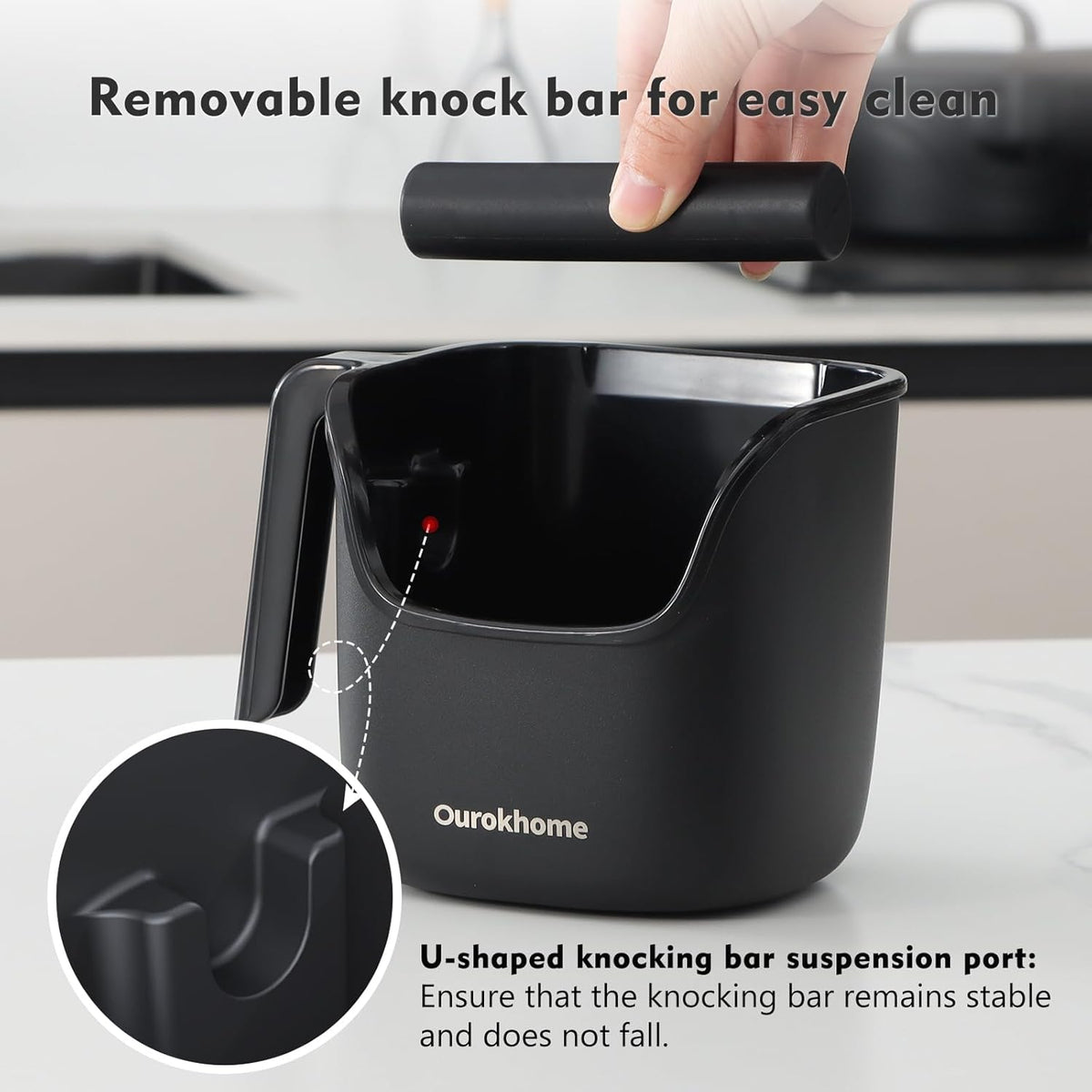 Ourokhome Knock Box Espresso Accessories, The Latest Patented Stainless Steel Espresso Machine Tool for Coffee Ground with Removable Knock Bar, Handle and Lid, Dishwasher safe, 4.8 inch (Black)
