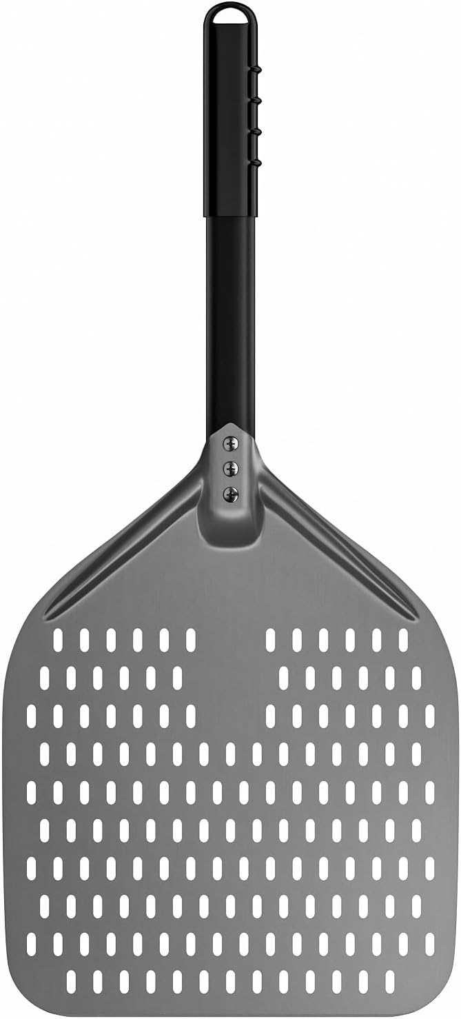 12-Inch Perforated Pizza Peel: Hard Anodized Aluminum Pizza Spatula with Silicone Handle, Professional Large Pizza Turning Peel, Pizza Paddle, 26-Inch Overall