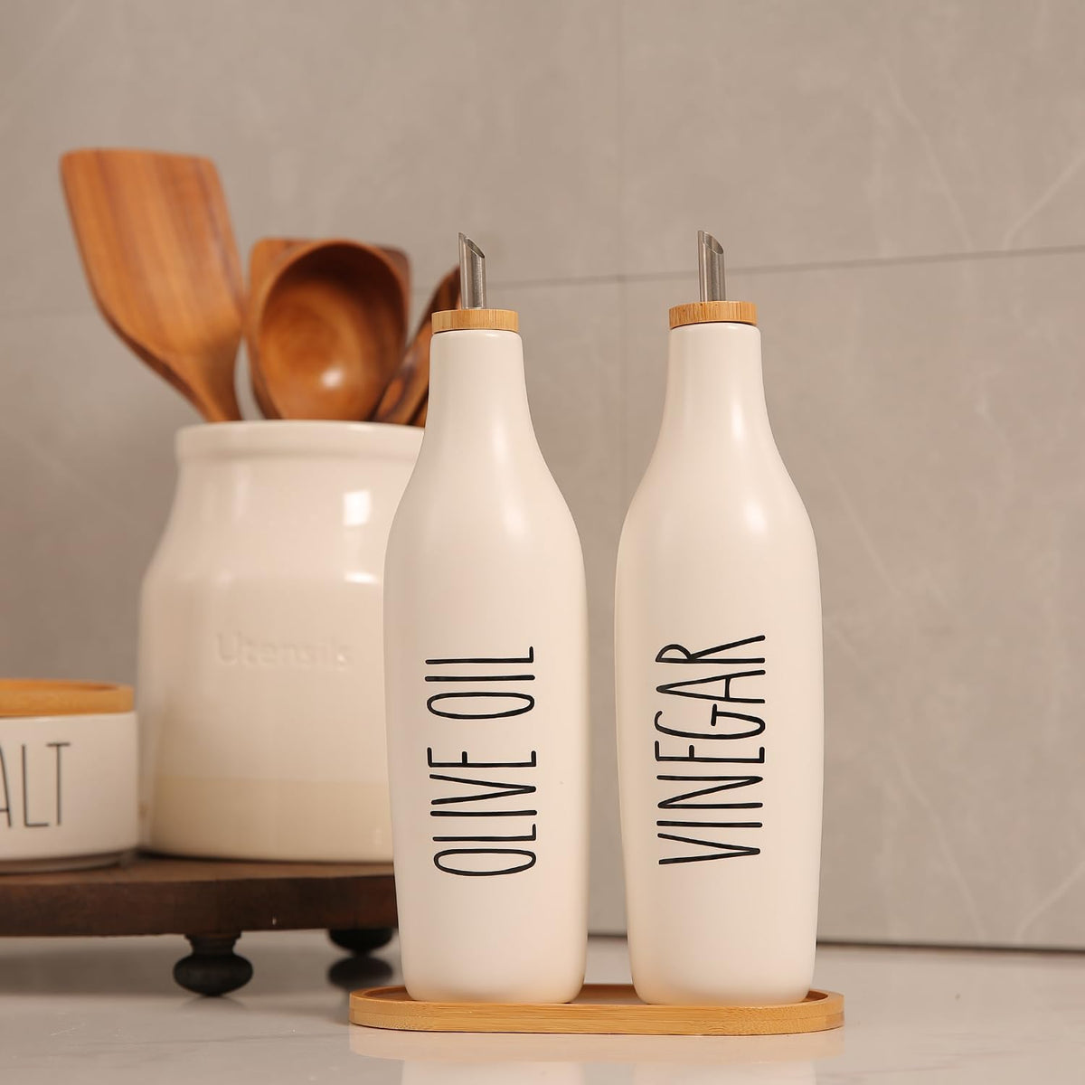 HOMCDALY Olive Oil and Vinegar Dispenser Set, 16oz Ceramic Oil Dispenser for Kitchen, Kitchen Dispenser Bottle for EVOO Vinegar Syrups, Modern Farmhouse Design | Set of 2 – P-White