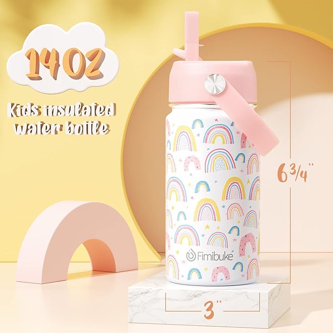 Fimibuke Kids Insulated Water Bottle, 14oz BPA FREE 18/8 Stainless Steel Travel Tumbler Double Wall Vacuum Leak Proof Kids Cup with Straw Metal Water Bottle for School Boys Girls(1 Pack, Rainbow)