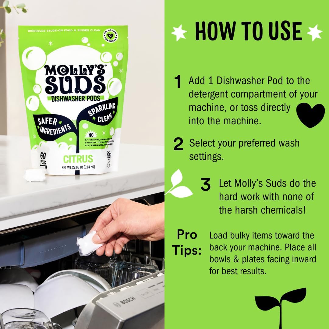 Molly's Suds Dishwasher Pods | Clean Dishwasher Detergent, Cuts Grease & Rinses Clean (Residue-Free) for Sparkling Dishes | 120 Auto-Release Tabs (Citrus)