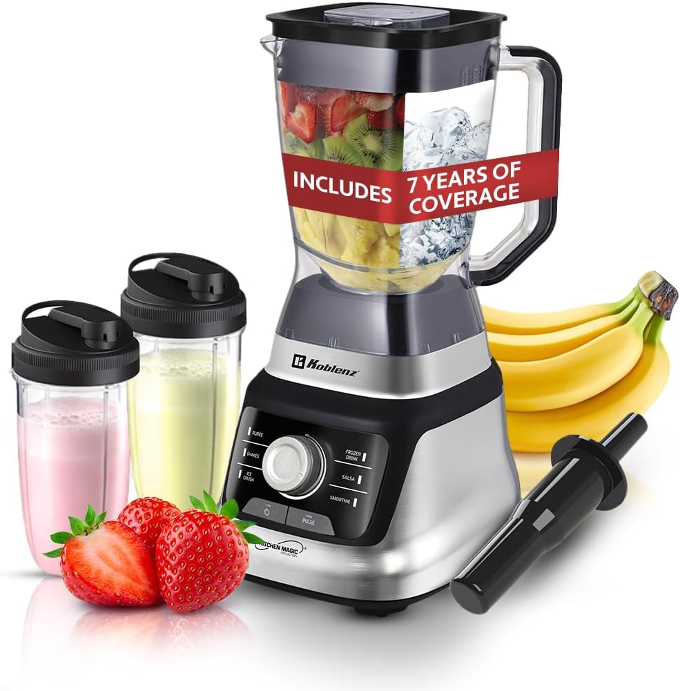 Koblenz Bob Blender, Countertop with Reversible motor, Speed Knob and 6 Functions, 1400-watt Motor, 68 oz. Capacity, Super Silent Operation, Includes 2 To-Go Cups and Tamper, Black/Chrome, LKM-9610
