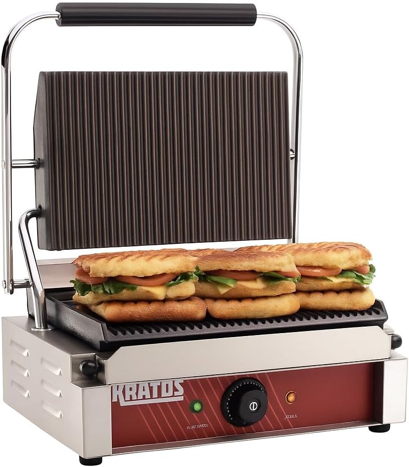 Kratos Commercial Electric Panini Sandwich Grill with Grooved Plates, 14" x 9" Cooking Surface, Commercial Countertop Panini Press, 120V, 1750W (29Y-020)