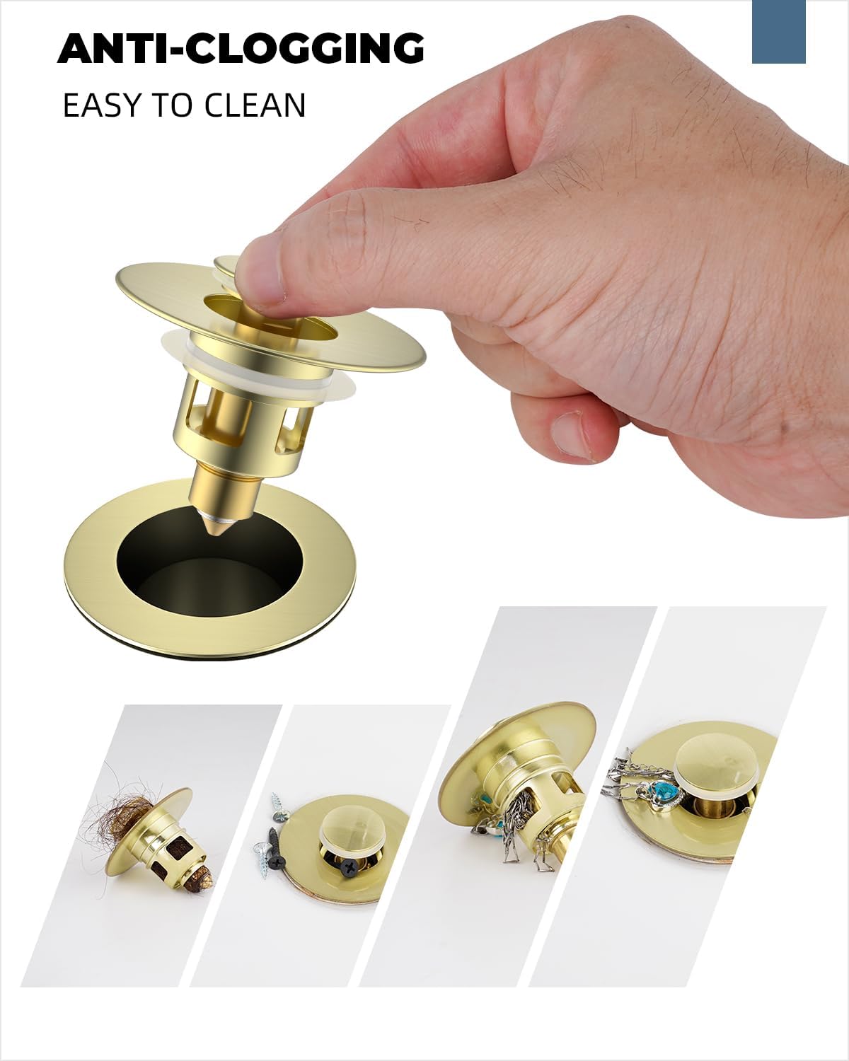 Hibbent All Metal Universal Bathroom Sink Stopper for 1.1''~2.3'' Basin, Pop Up Sink Drain Strainer, Brass Bullet Core Push Type Stopper, Stainless Steel Anti Clogging Drain Filter, Brushed Gold