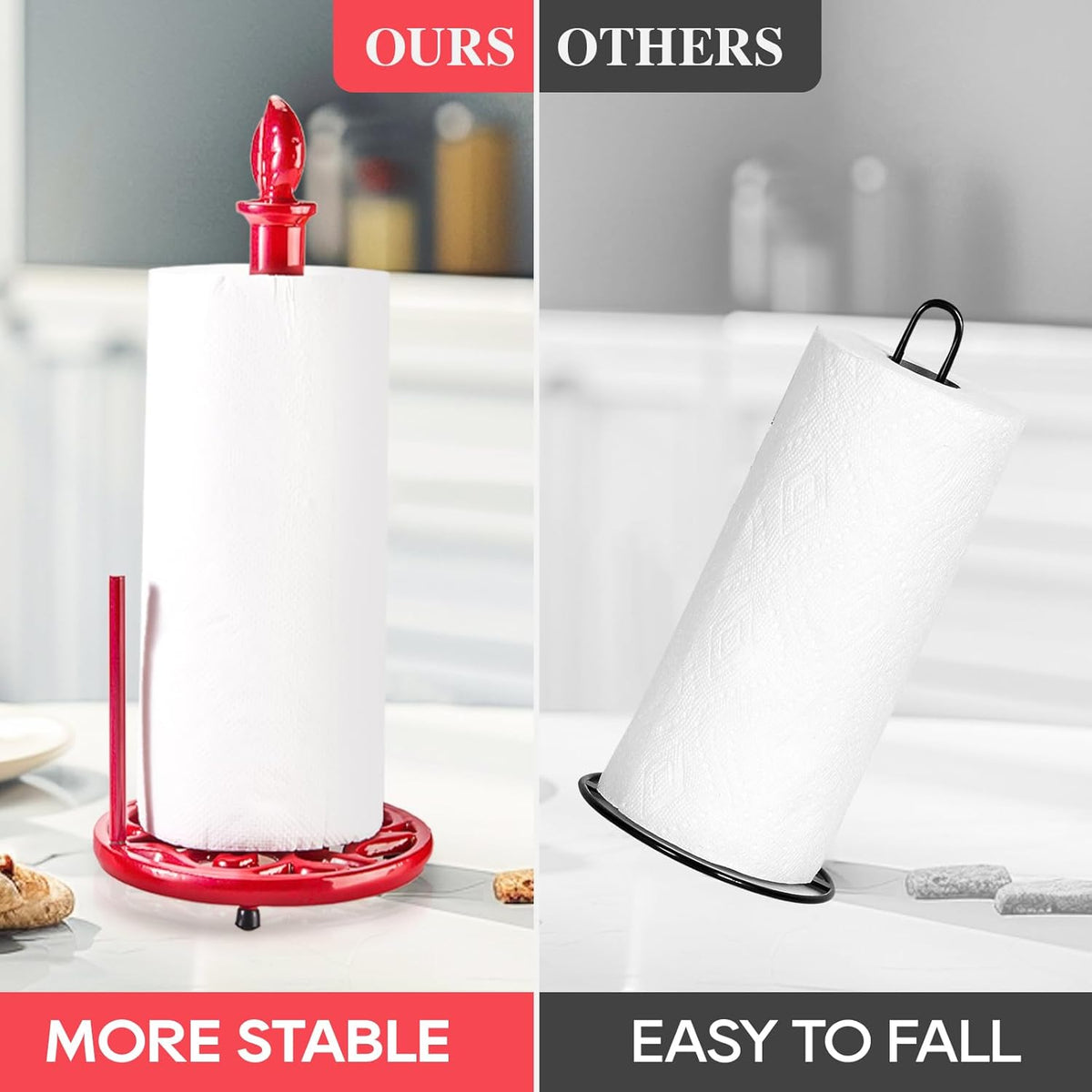 JOGREFUL Paper Towel Holder Stand, Cast Iron Kitchen Paper Towel Countertop Vintage Stand with Weighted-Base, Bathroom Organization for Family Standard Large Size Roll Paper, Leaf Top, Red