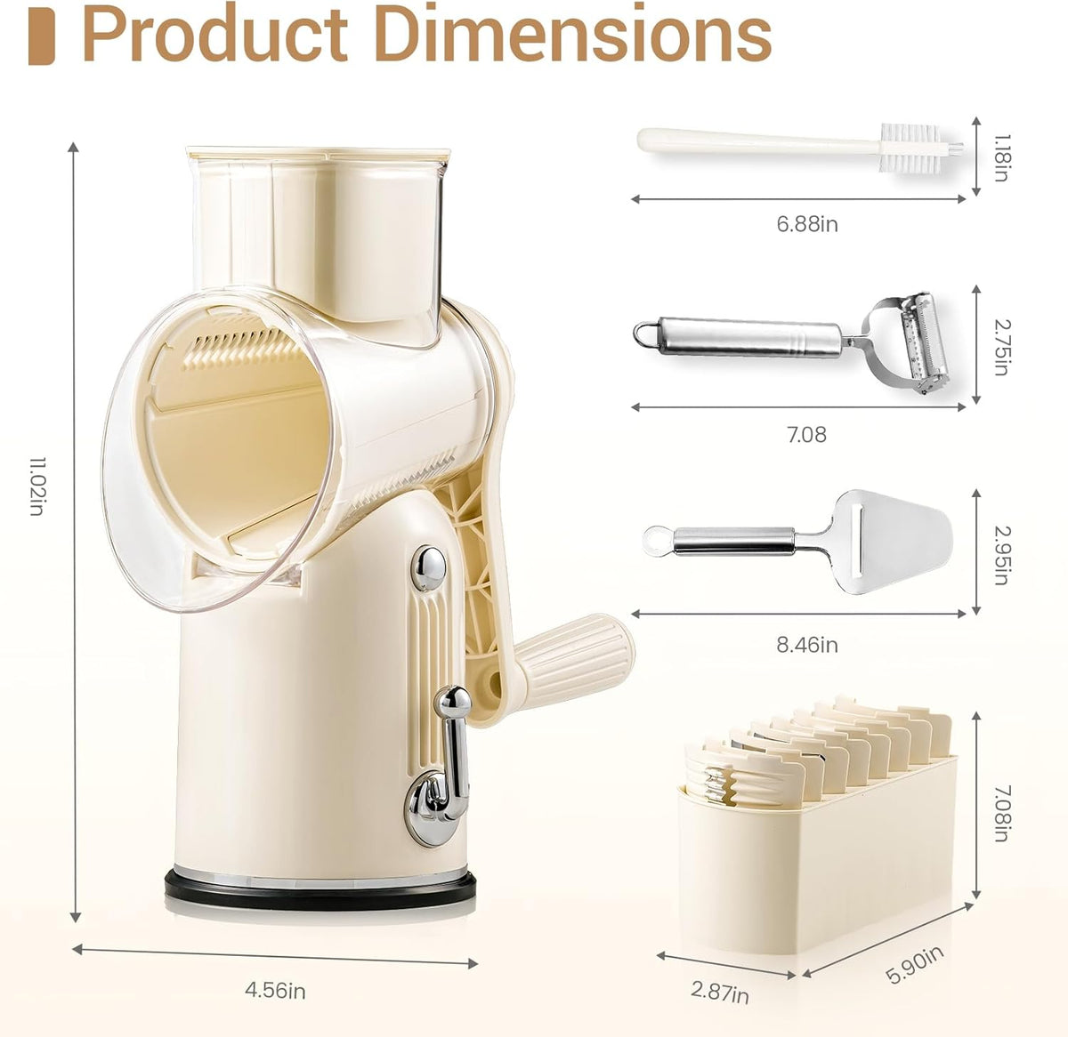 Rotary Cheese Grater Hand Crank,Emojoy 5-in1 Cheese Shredder Vegetable Chopper with Strong Suction Base, Rotary Cheese Graters for kitchen with Blade Storage Box, Included Cheese Slicer and Peeler