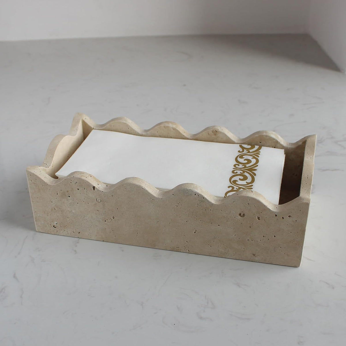 Natural Travertine Guest Towel Holder 9.8" × 4.9" for Bathroom, Rectangular Napkin Holder with Scalloped Edge, Tissue Hand Towel Tray for Dinner Table, Countertop Bathroom Vanity