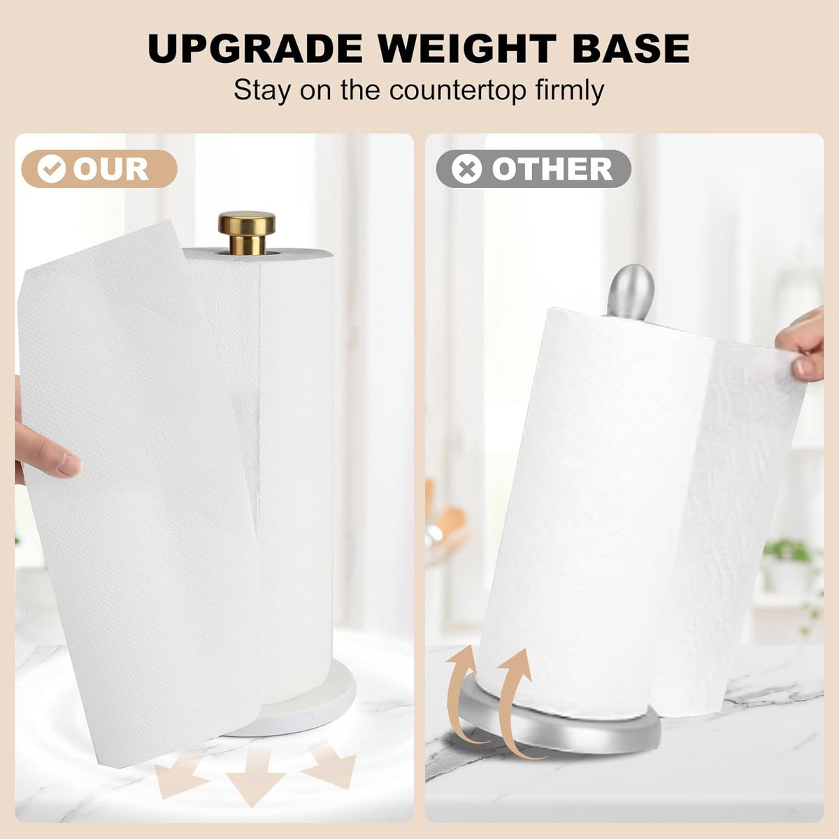 Standing Paper Towel Holder, Kitchen Paper Towel Roll Holder- for Bathroom Kitchen Countertop with Weighted Marble Base for One-Handed Operation (Gold), Marble Paper Towel Holder.…