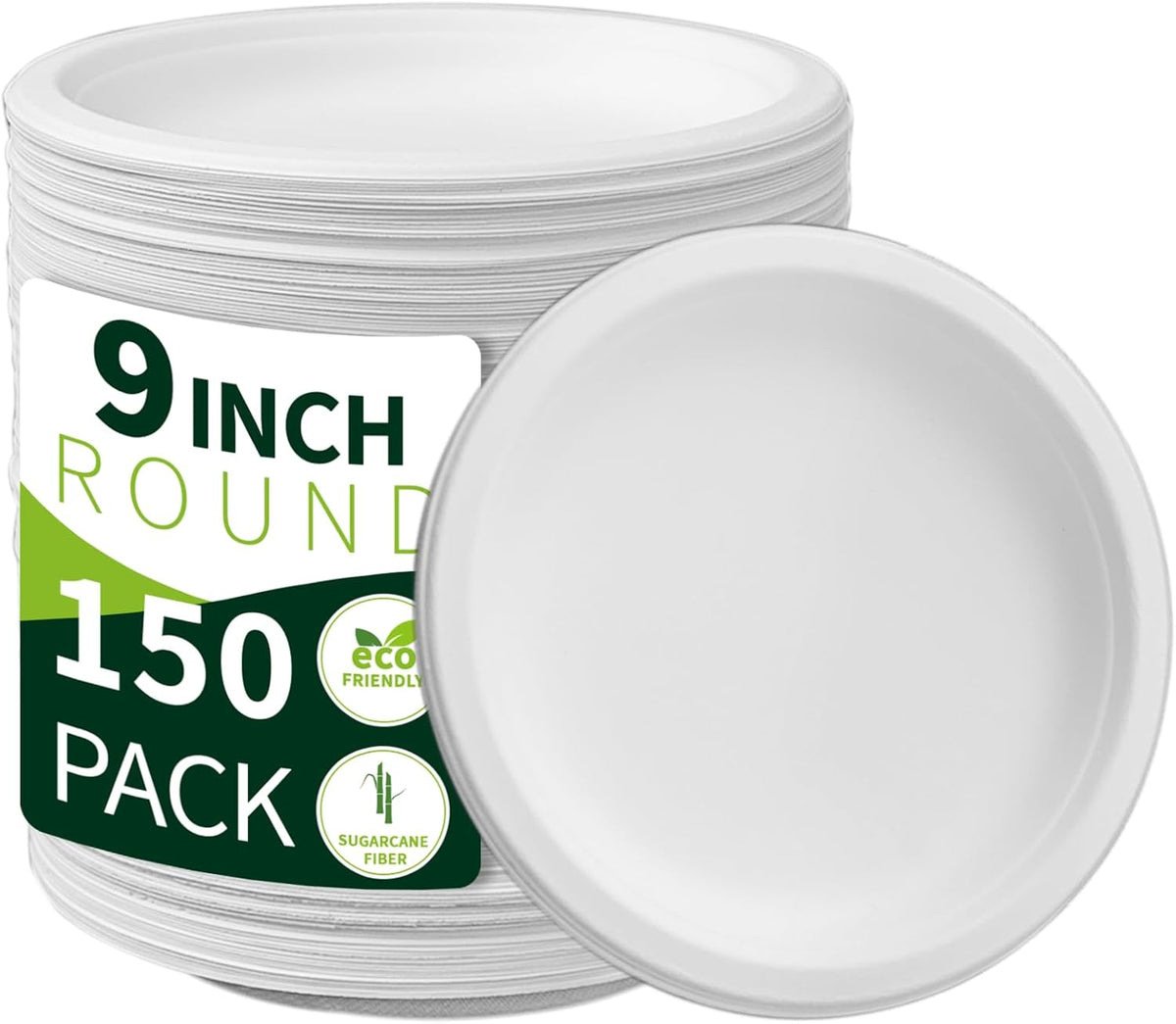 9 Inch Compostable Paper Plates 【White150 Pack】,100% Sugarcane Bagasse Medium Disposable Plates, Sturdy Heavy Duty, Biodegradable Dinnerware for Party, BBQ, Picnic, Camping