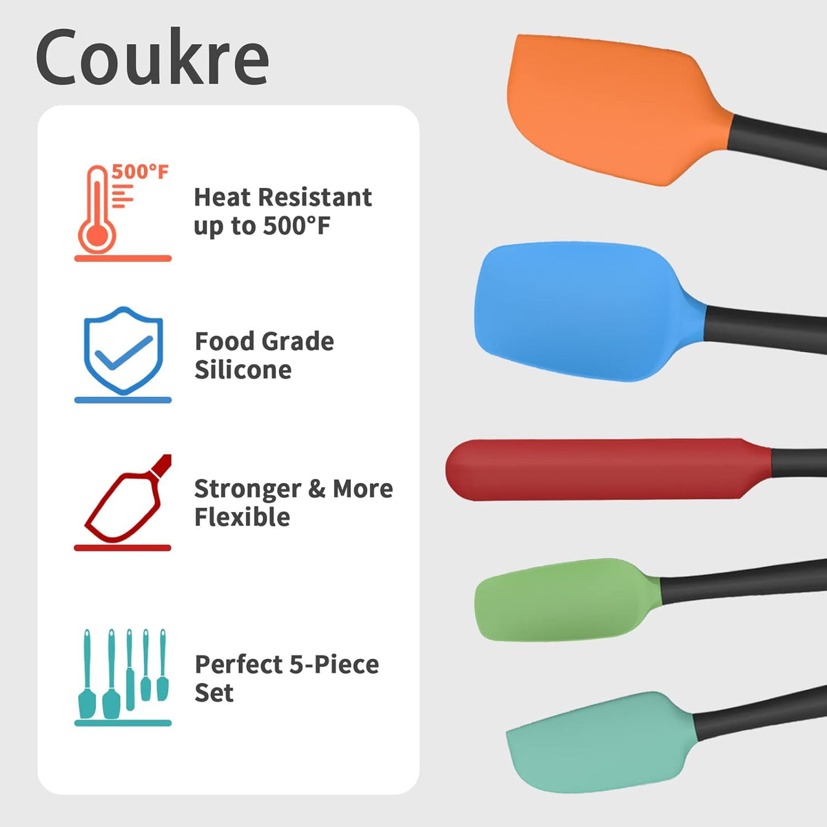 Coukre Silicone Spatula Set of 5,High Temperature Resistant, Food Grade Silicone, Dishwasher Safe, for Baking cooking (Colorful)