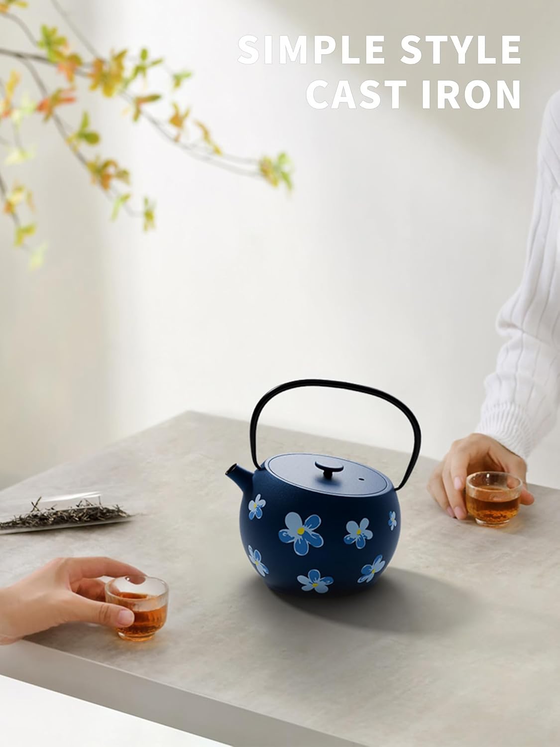 Toptier Teapot with Removable Infuser, Cast Iron Tea Kettle Stovetop Safe, Solid Geometry Ball Design Tea Pot Coated with Enameled Interior for 32 Ounce (950 ml), Navy Flower