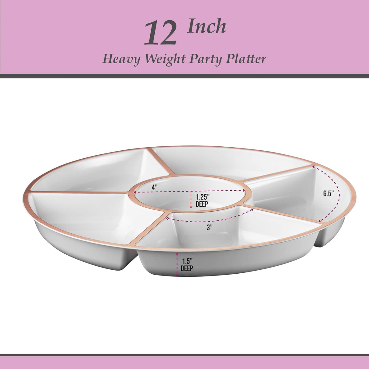 Plasticpro 6 Sectional Round Plastic Serving Tray/Platter (2, White & Rose Gold)
