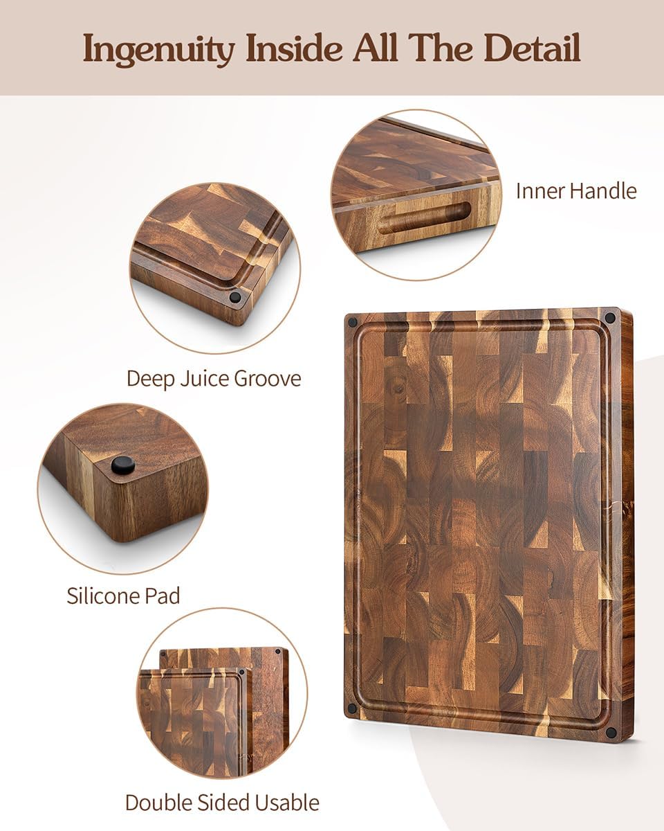 XINZUO Large Thick End Grain Acacia Wood Cutting Board- (19''L x 14''W x 1.5''T) Reversible Wooden Chopping Board with Non-Slip Feet, Built-in Handles and Juice Groove- Butcher Block Cutting Board