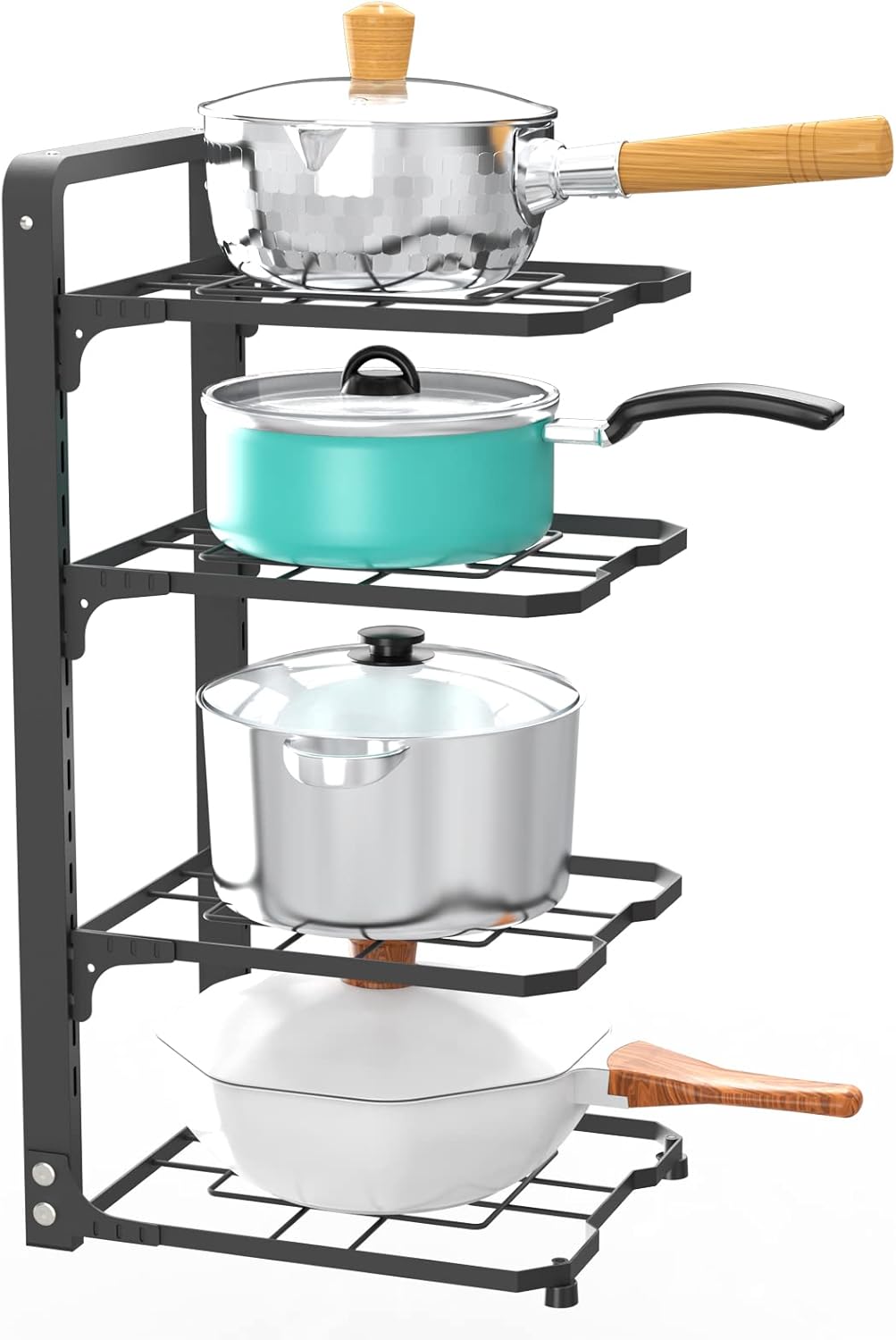 Pot and Pan Organizer Rack for under Cabinet, Heavy Duty Pot Pan Rack under Sink Organizers and Storage, Pot lid organizer, Kitchen Cabinet Organizer with 4 Adjustable Tiers