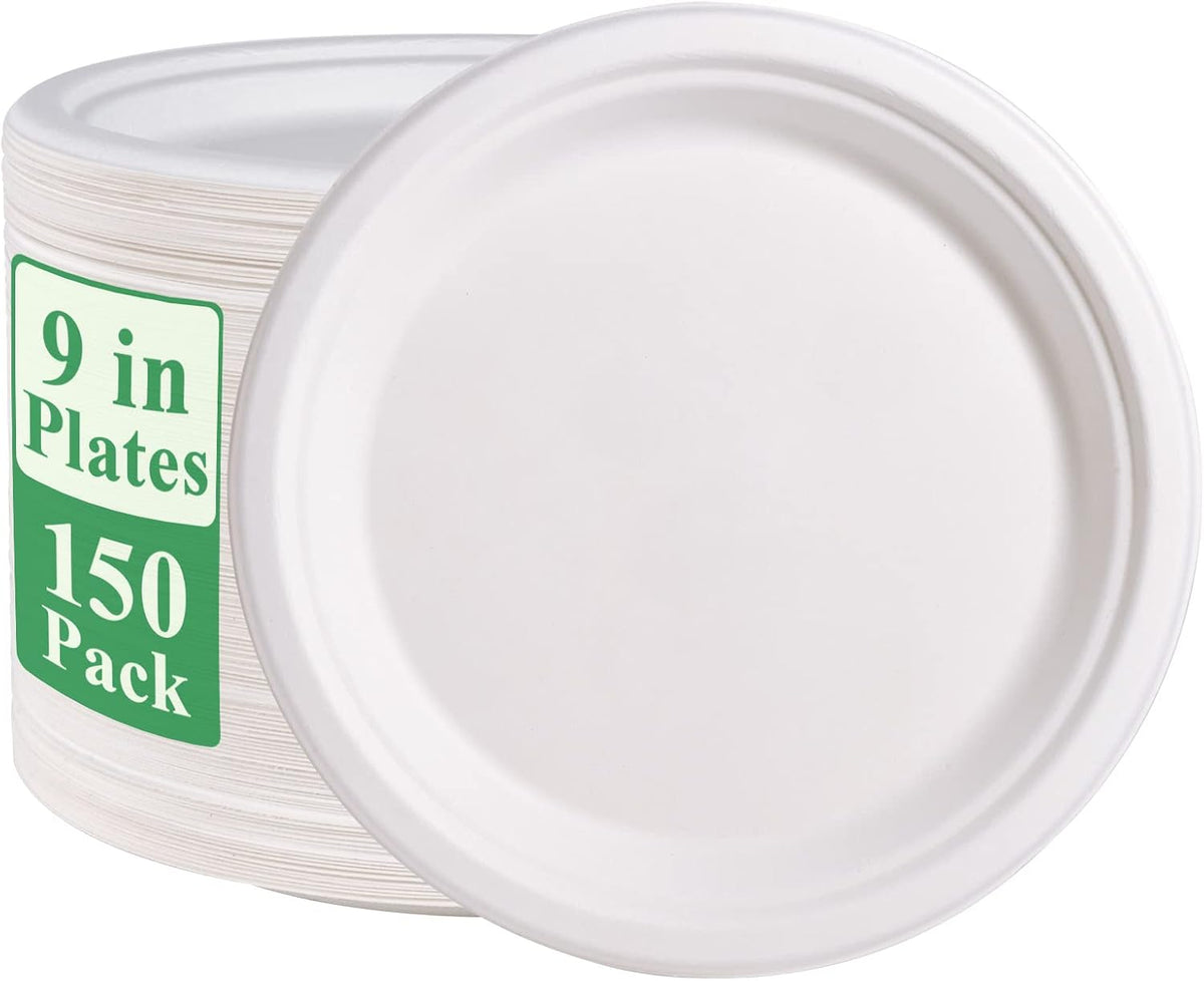 Vplus 150 Pack Paper Plates 9 inch 100% Compostable, Heavy-Duty Disposable Paper Plates Bagasse Natural Biodegradable Eco-Friendly Sugarcane（White）