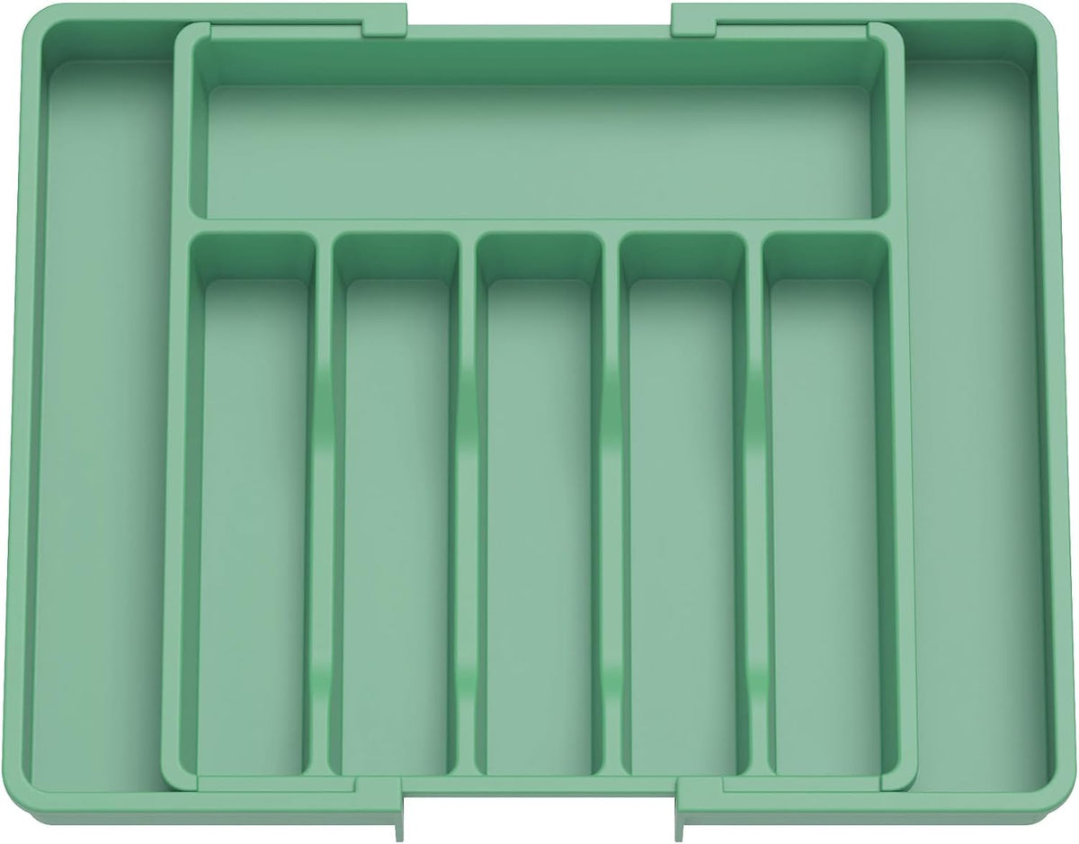 Lifewit Silverware Drawer Organizer, Expandable Utensil Tray for Kitchen, BPA Free Flatware and Cutlery Holder, Adjustable Plastic Storage for Spoons Forks Knives, Large, Green