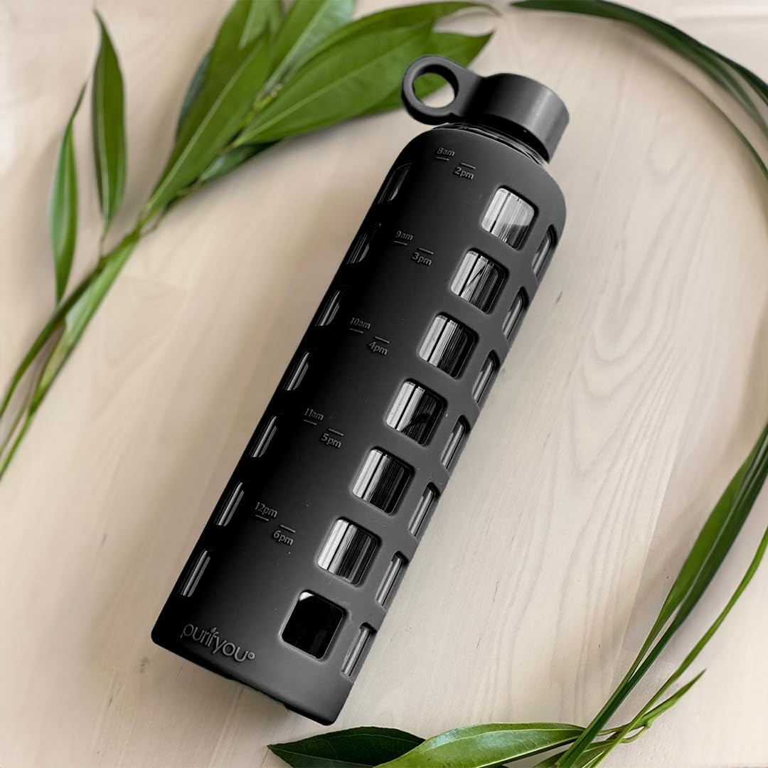 purifyou 40oz / 32oz / 22oz / 12oz Borosilicate Glass Water Bottle with Time & Volume Markers, Silicone Sleeve, Stainless Steel Lid – Reusable Glass Bottle for Water & Juice (40oz Jet Black)