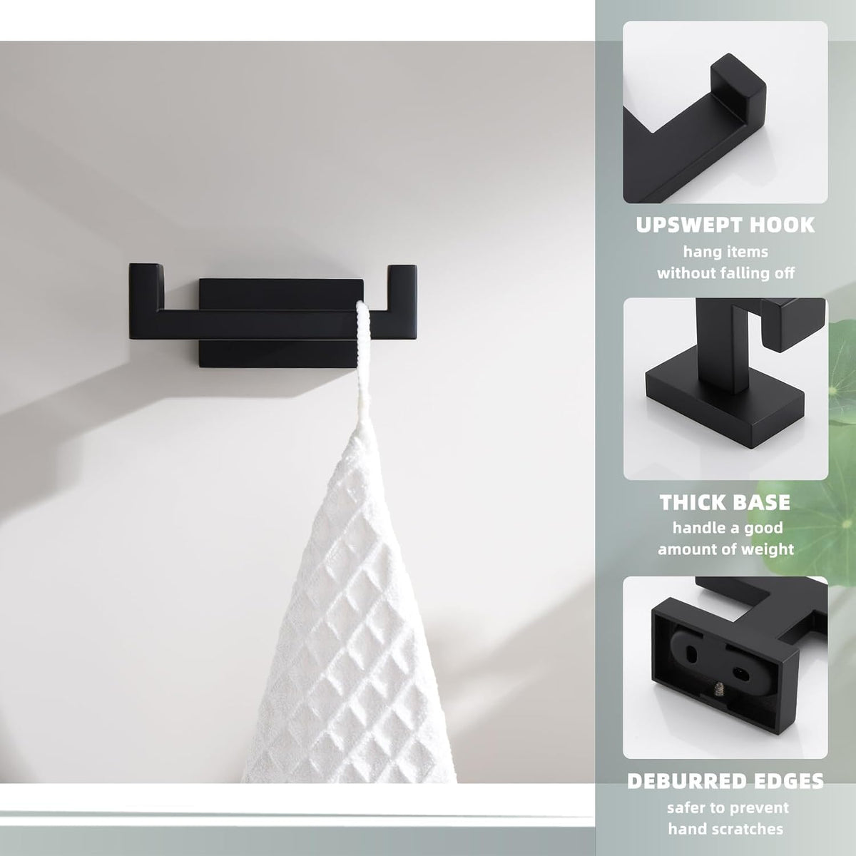 Suyar Matte Black Double Towel Hook, SUS 304 Stainless Steel Bathroom Coat Robe Hook, Hand Towel Holder for Wall