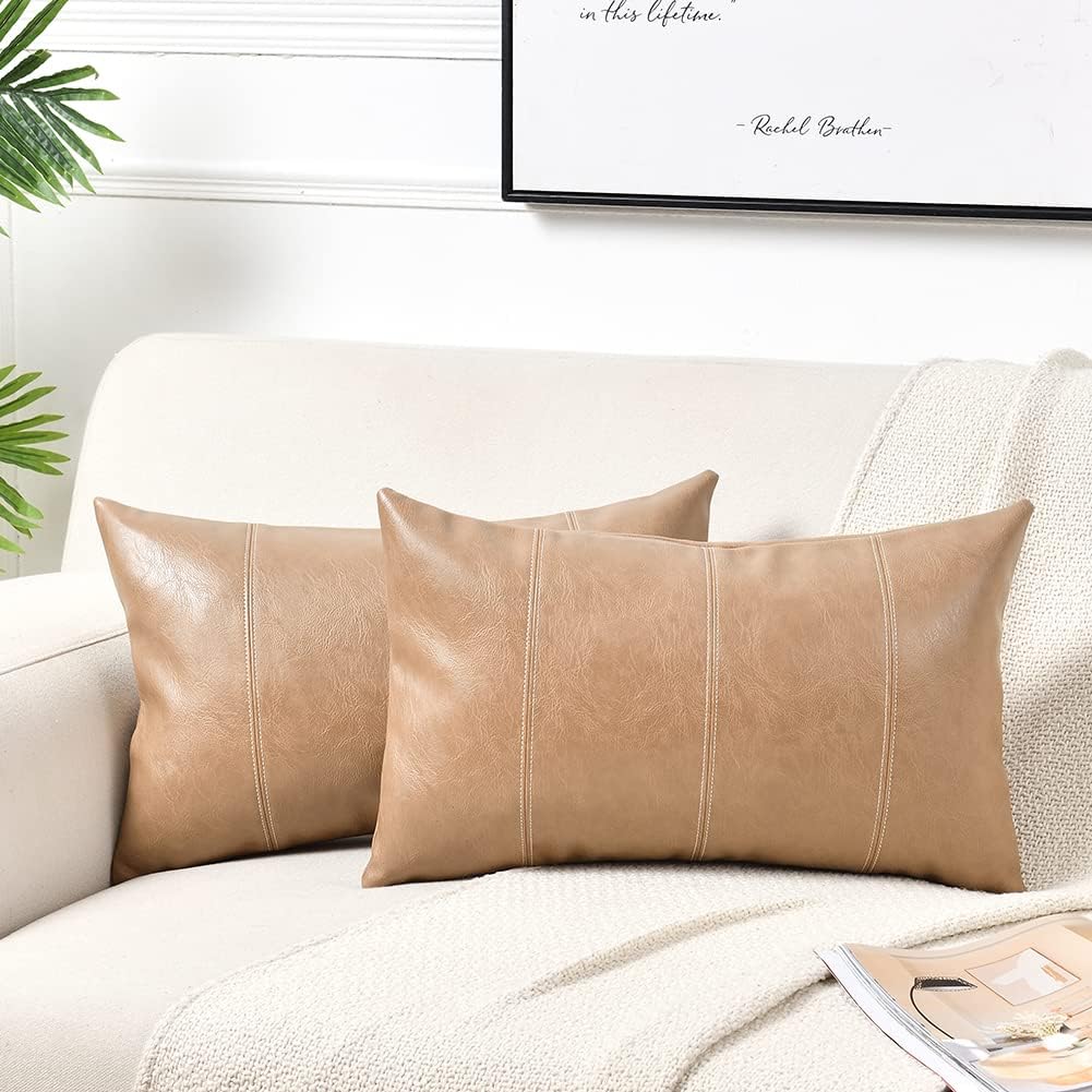 Fancy Homi Tan Long Lumbar Faux Leather Decorative Throw Pillow Covers 12x24 Inch for Living Room Couch Bed, Beige Hand Stitched Cushion Case 30x60 cm, Taupe Modern Farmhouse Home Decor