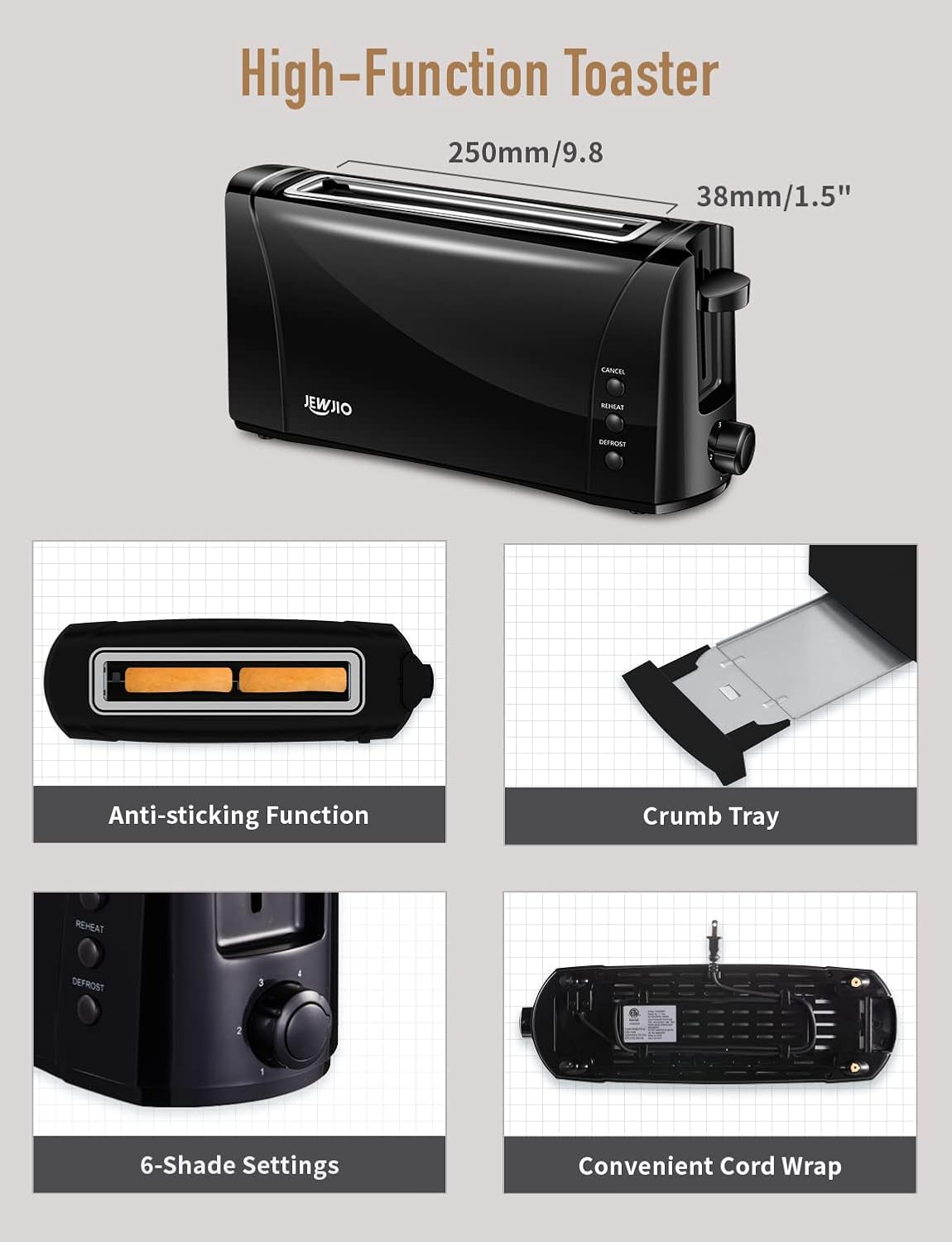 JEWJIO Slim Compact 2 Slice Toaster with Wide Long Slot - Vintage Black, 1000W, Defrost/Reheat/Cancel, 6 Shade Settings, Removable Crumb Tray for Bagels & Waffles