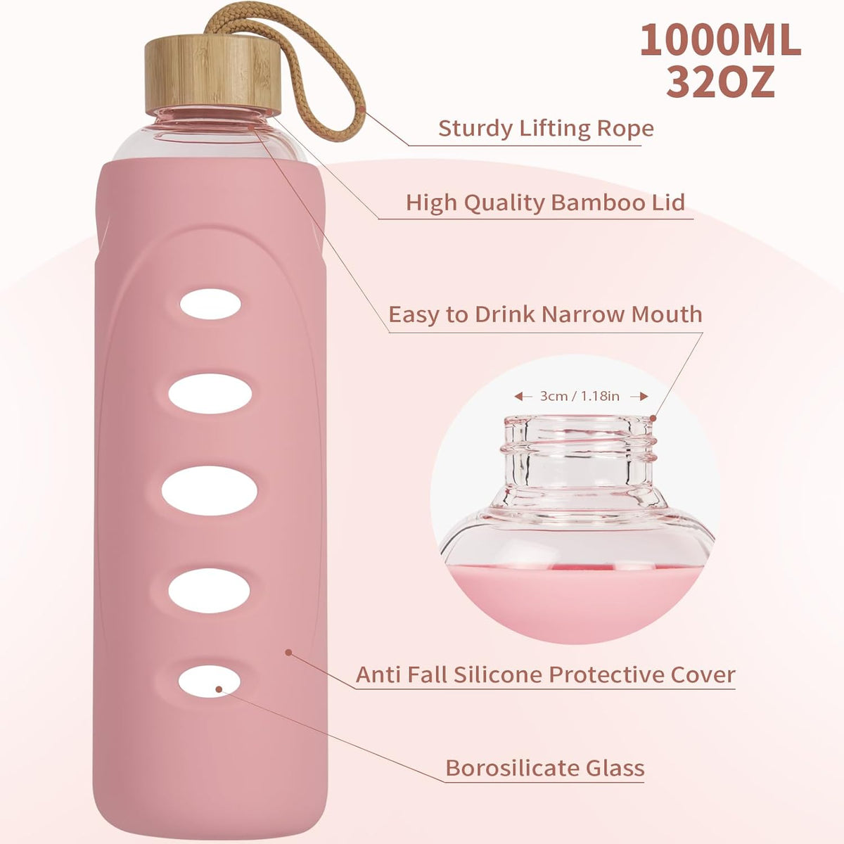 Sport 32oz Glass Water Bottle 1000ml /1 liter Borosilicate Glass Water Bottle Reusable Waterbottle Jugwith Silicone Sleeve and Unique Lid (Pink