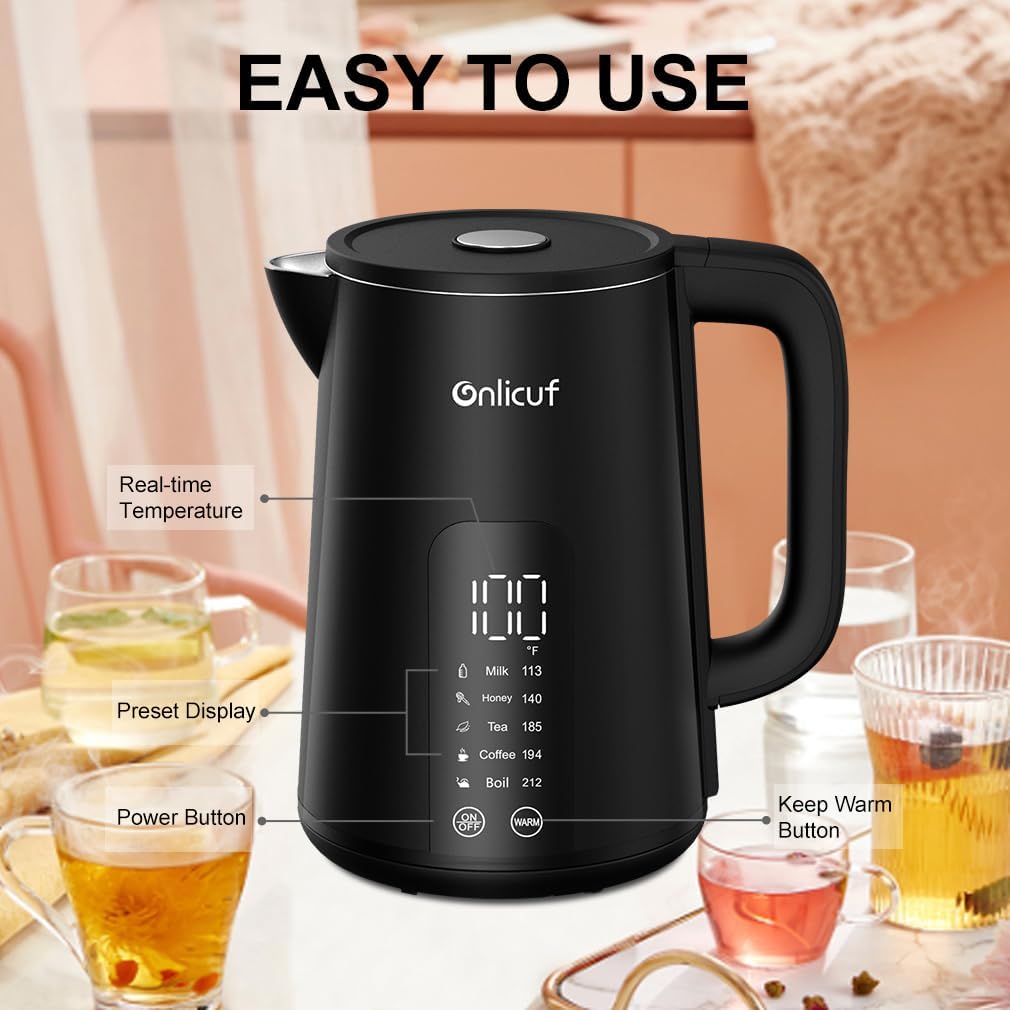 Temperature Control Electric Kettle, Long-term Keep Warm 304 SS Interior 1.7 L Electric Tea Kettle & Hot Water Boiler with Real Time Display,Auto-Off & Boil-Dry Protection, BPA Free
