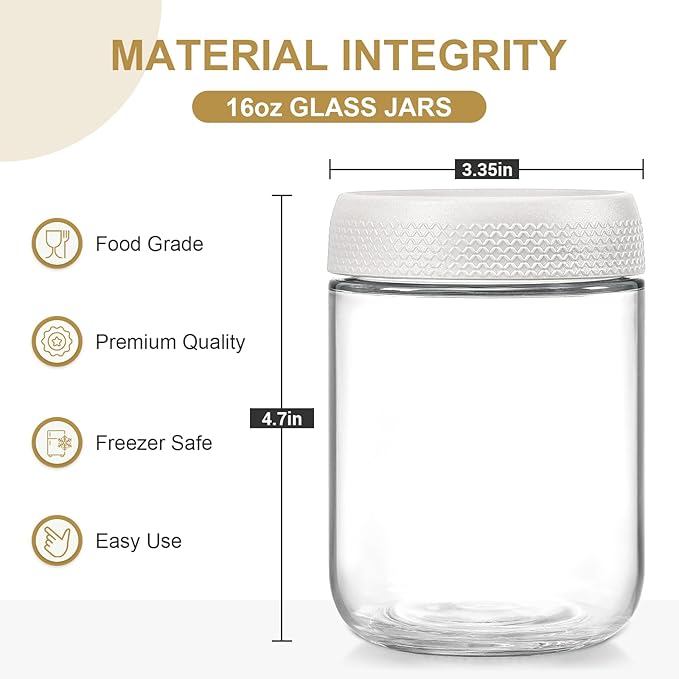 NETANY 6-pack 16oz Glass jars with Airtight Lids, Overnight Oats Containers with Lids, Wide mouth Mason Salad jars, Glass Food Storage Containers for Snacks Yogurt Spice Sugar-White