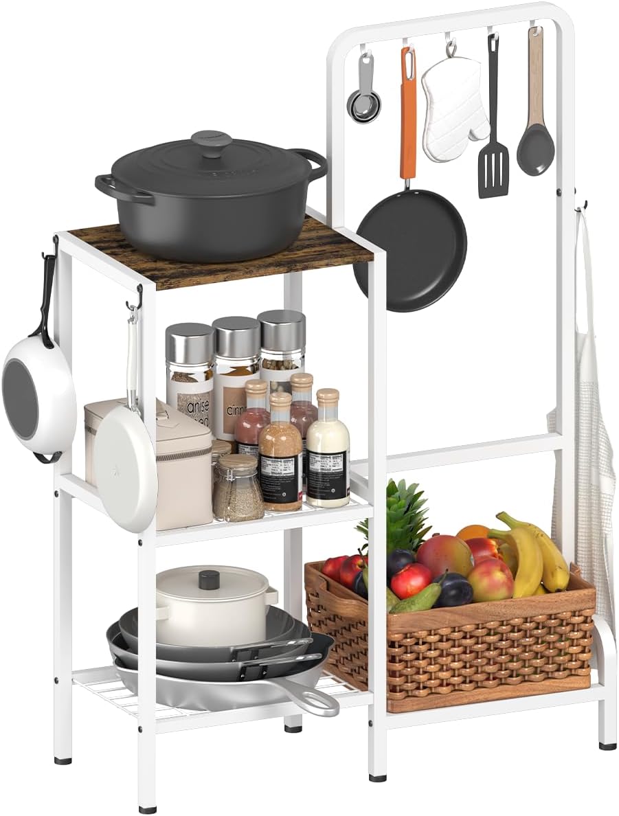 Mocomax 3-Tier Pot and Pan Organizer Rack, Free Standing Cookware Storage Stand, Multifunctional Metal Corner Shelf Holds 50LB, Pan Pot Lid Tower Holder with 8 Hooks for Kitchen Pantry and Home, White