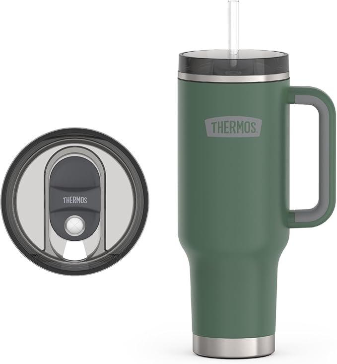 THERMOS Stainless Steel Cup Holder Mug - 40 Ounce, Alpine Green - Insulated Tumbler with Lid and Straw, Plus Leak-Resistant Slide Lock