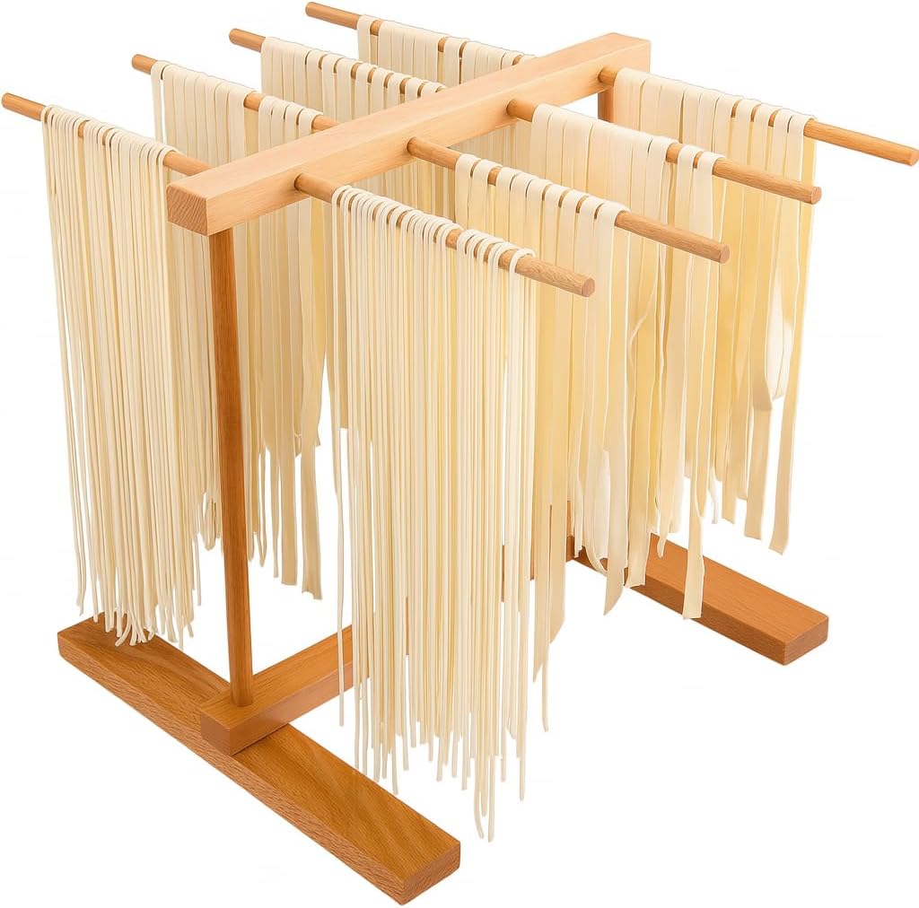 Gekufa Pasta Drying Rack – 8 Arms Collapsible Beechwood Noodle Dryer for Spaghetti, Fettuccine, Linguine – Compact Foldable Design for Easy Storage